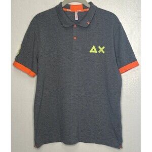 Sun68 Polo Shirt Large Gray Orange Trim Preppy Collegiate Golf Stretchy Cotton